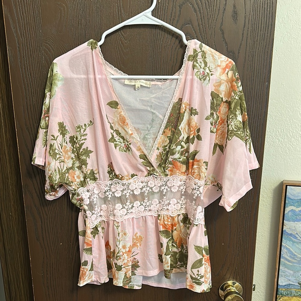 Floral Pink and Green Blouse with Lace Detail